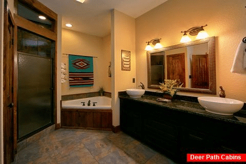 Luxury Bathroom with Jacuzzi Tub in Cabin - Alpine Mountain Lodge